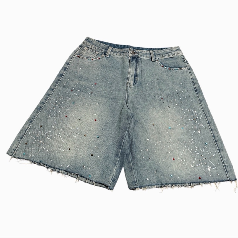 ROMWE Men’s Crystal Rhinestone Embellished Frayed Denim Shorts